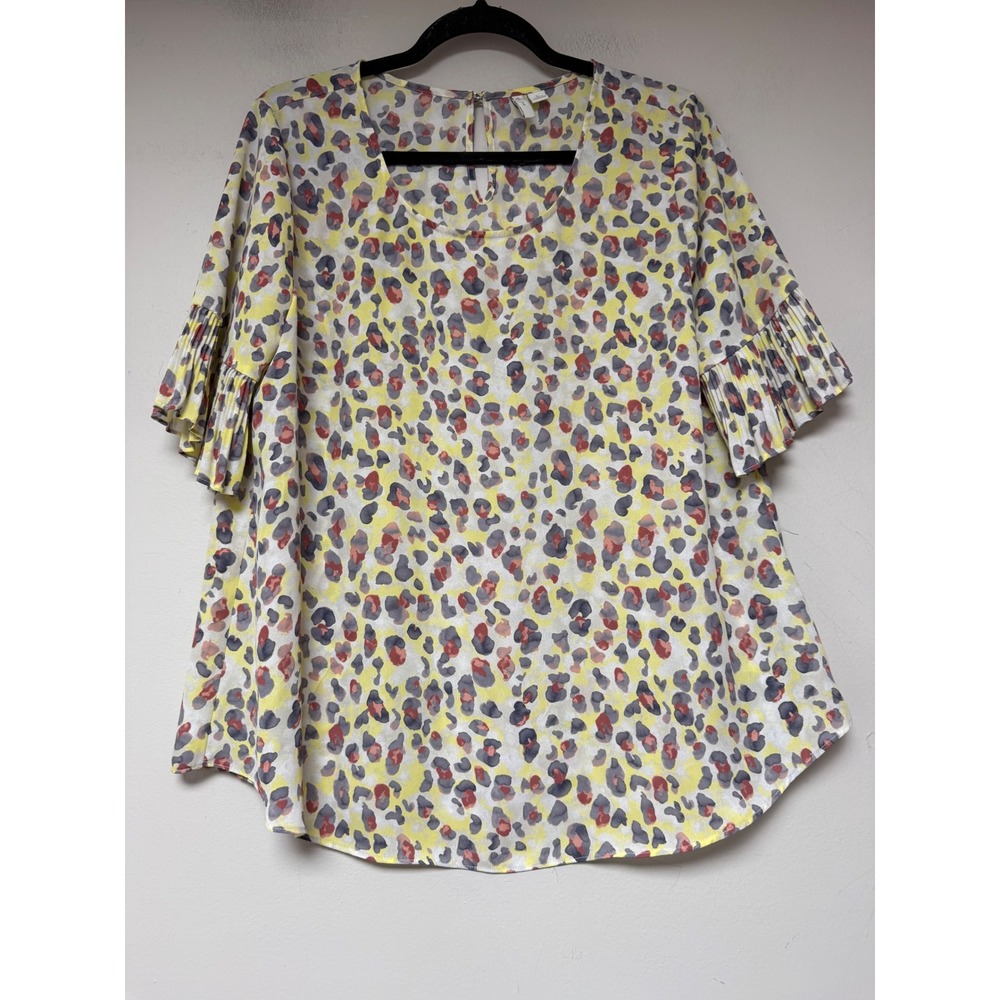 Cato 1946 Leopard Print Blouse Womens Large Yellow Grey Pleated Ruffle Sleeve EX